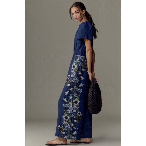 Anthropologie Pants - Anthropologie Jumpsuit Somerset Linen Blue Floral Retro Boho Preppy Medium NWT